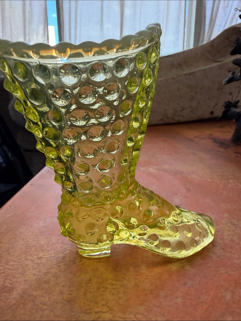 Fenton uranium vintage yellow Hobnail Glass Boot Vase -